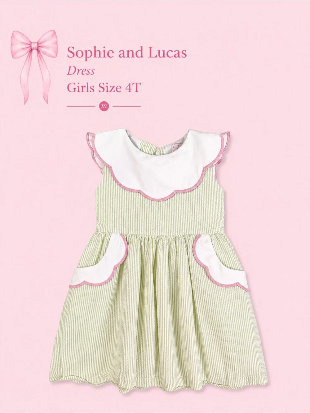 Sophie and Lucas Girls' Green Striped Dress with Pink Trim - 4T